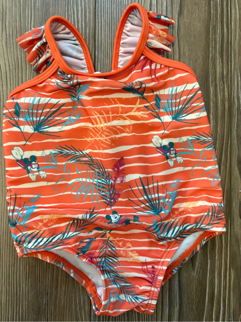 Disney Girls' Orange Tropical Stripe Mickey One-Piece Swimsuit